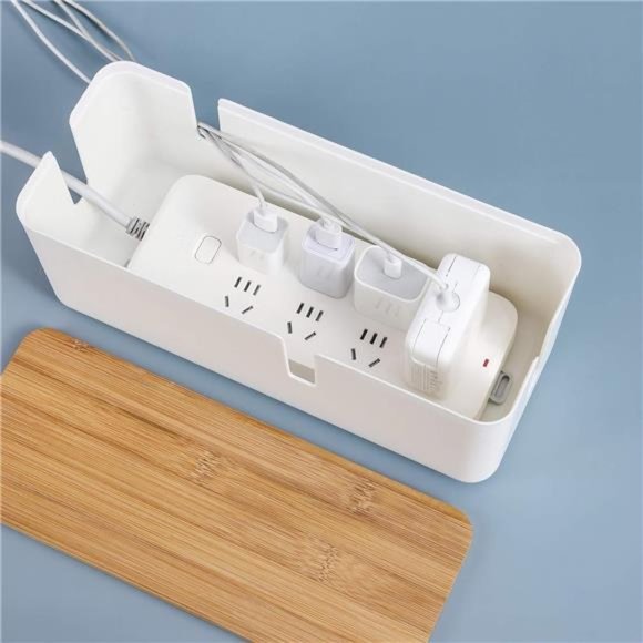 Small Cable Management Box with Bamboo Lid for Extension Cord Power Stripe Surge - Picture 3 of 7